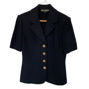 ST JOHN “Santana Knit” Short Sleeve Jacket Sweater Black Gold Logo Buttons EUC